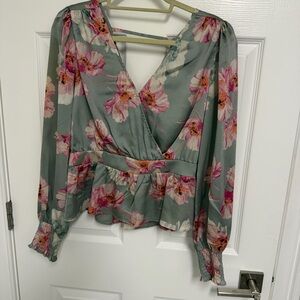 Express Floral V-Neck Blouse - Green and Pink